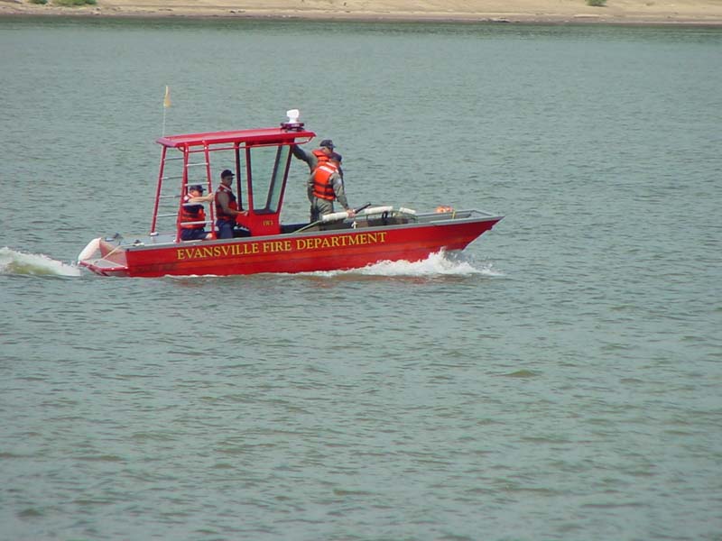 Evansville fire department boat on a lake
